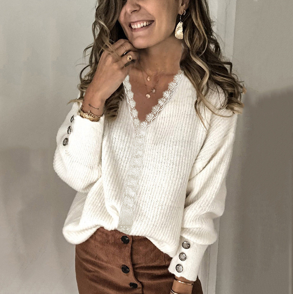 Women's Sweater – Knitted – Relaxed Fit – V-Neck – Buttons on the Sleeves