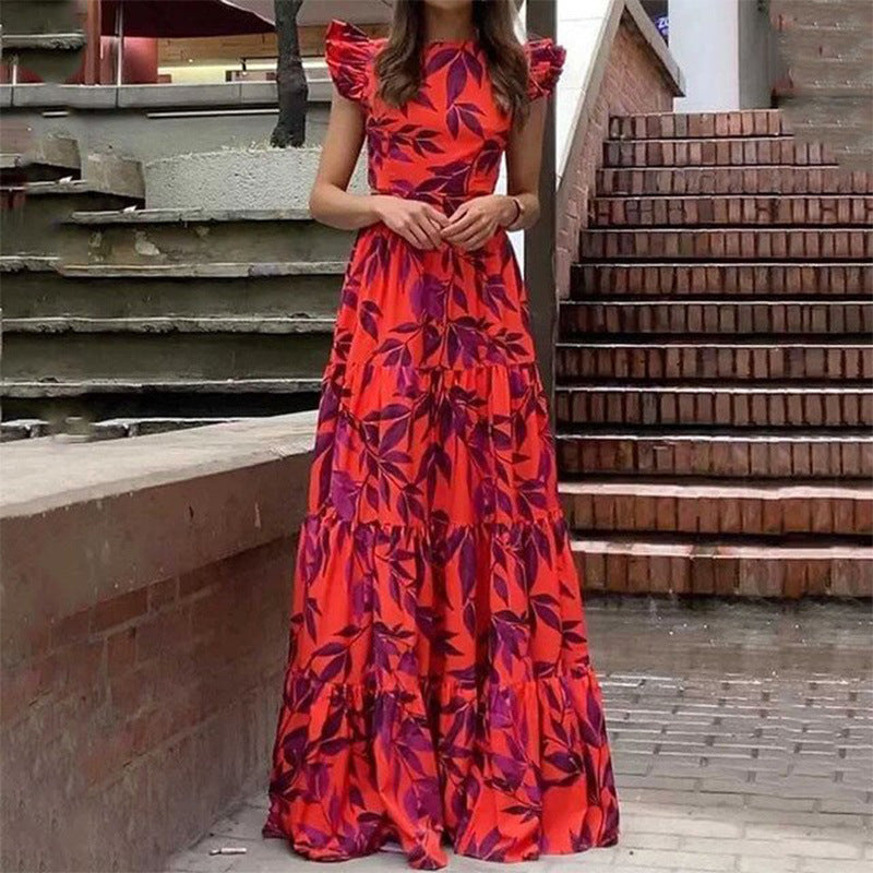 Dress woman – Maxi dress – Flared fit – Ruffled sleeves – Layered skirt – Patterned