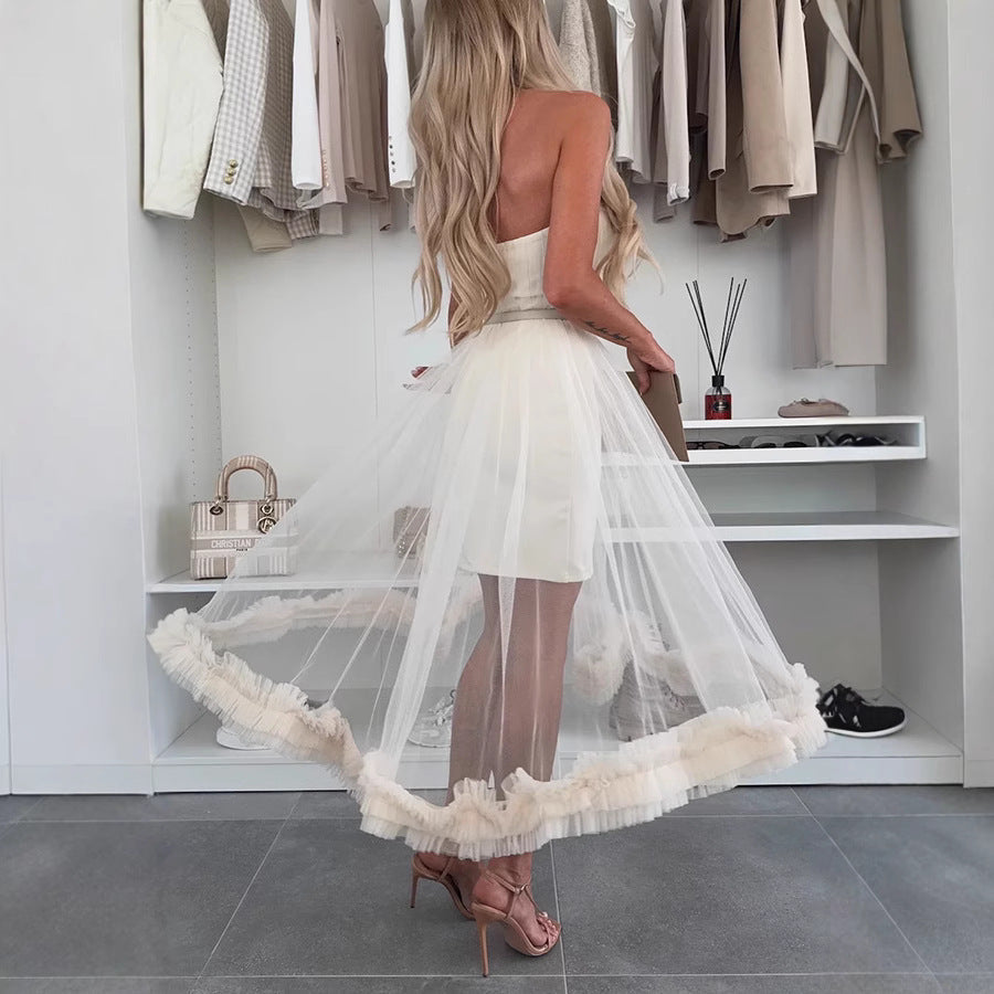 Women's Dress Midi – Strapless Tulle – Loose A-line – Ruffle Hem Casual Style