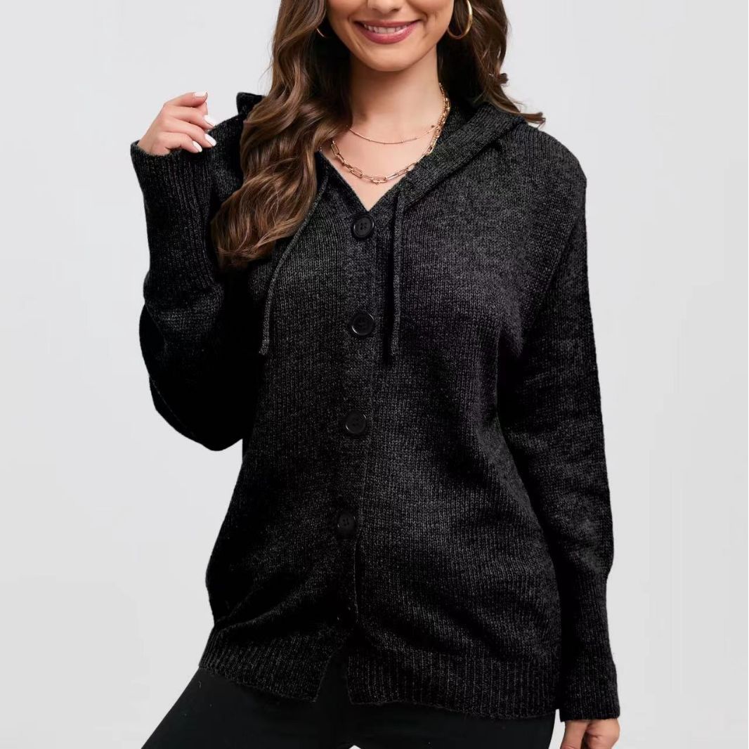 Women's Cardigan with Hood – Knitted Fabric – Relaxed Fit – Button Closure
