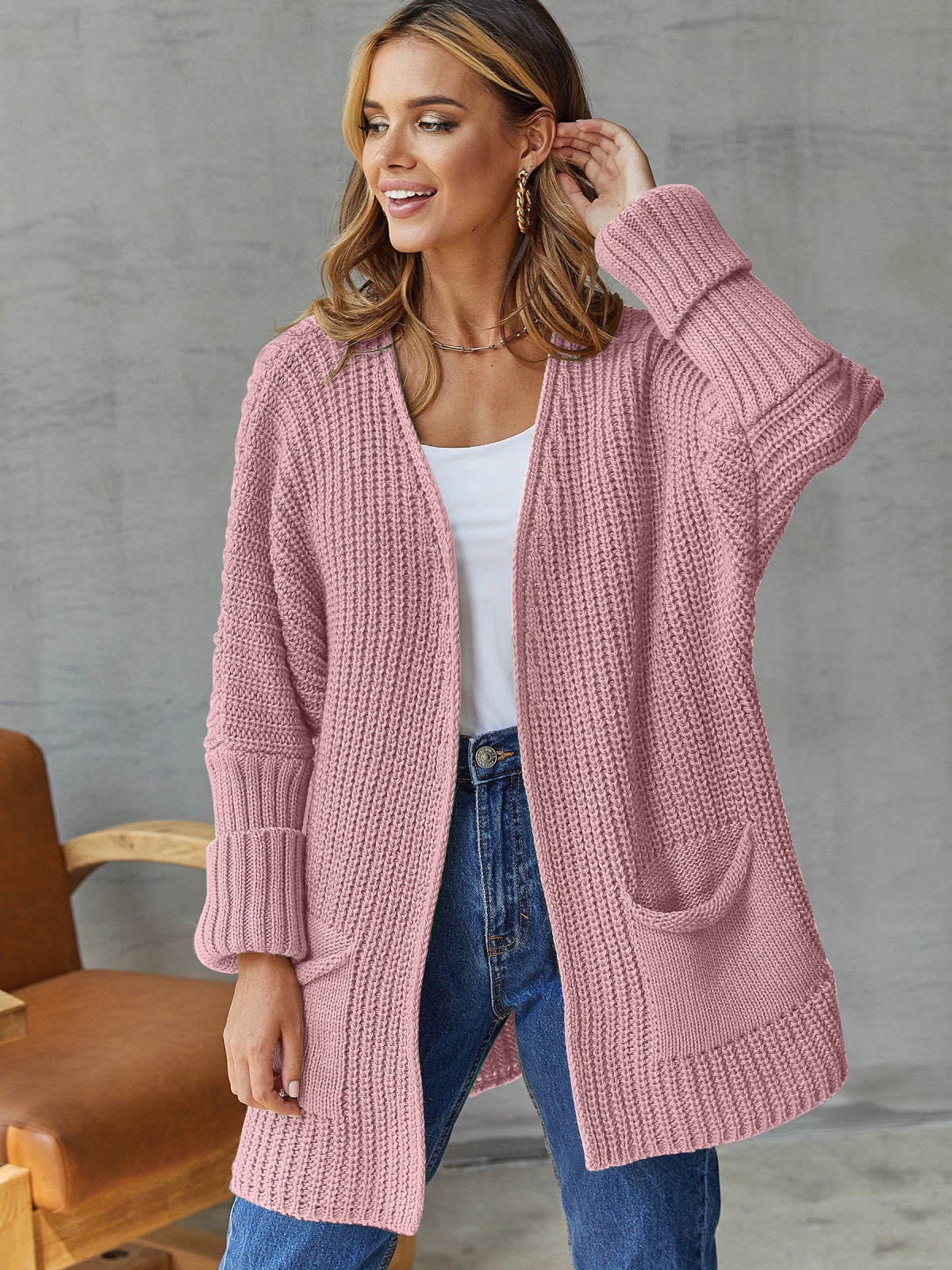 Women's Cardigan Knitted – Oversized Fit – Ribbed Knit – V-Neck – Pockets