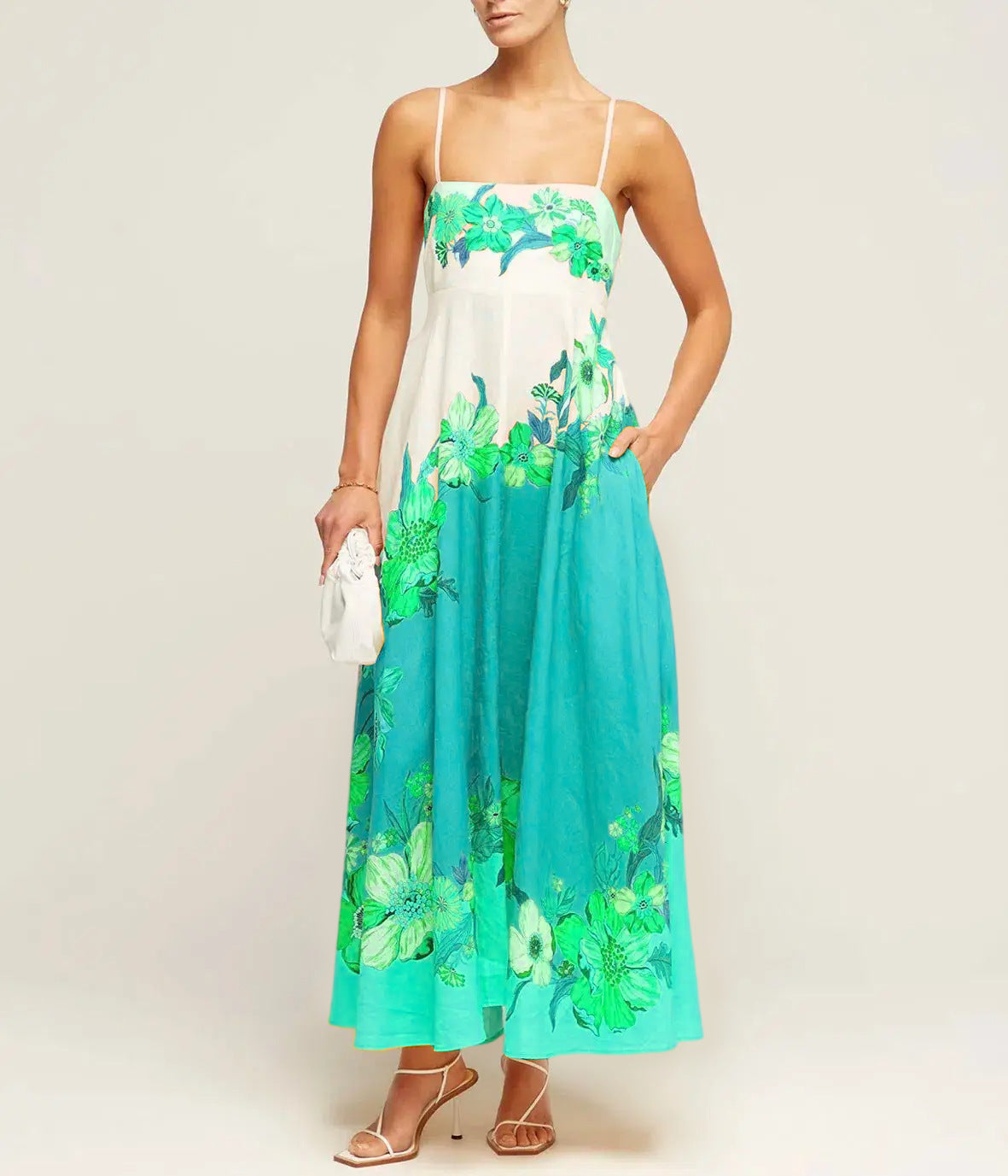 Women's midi dress – A-line fit – Smocked bodice – Spaghetti straps – Patterned
