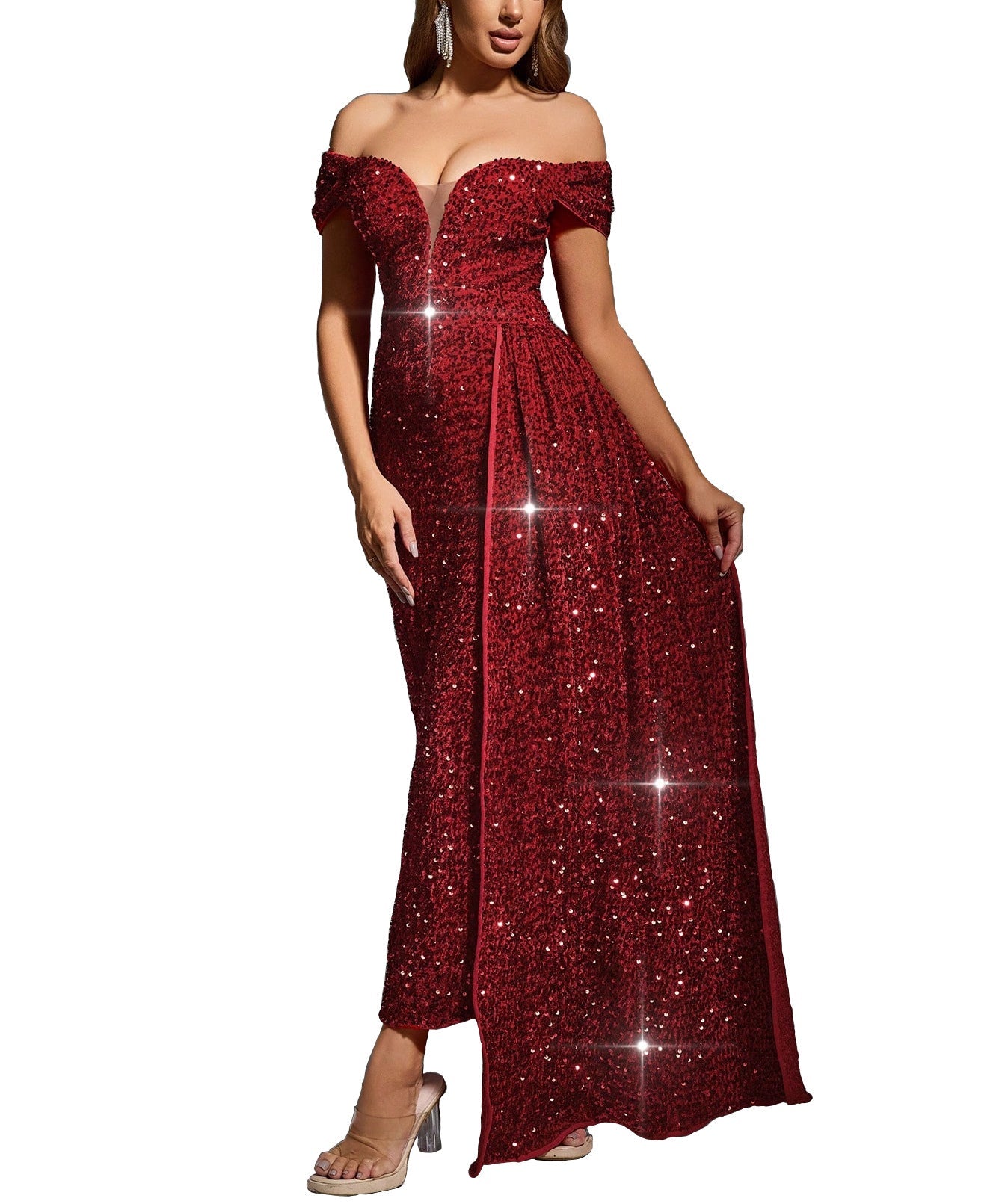 Kjole dame – off shoulder – tettsittende passform – paljetter – fotsid – ermeløs