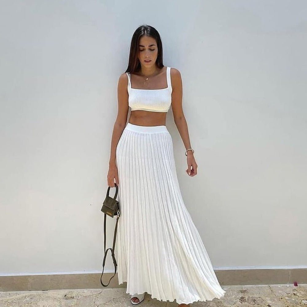 Women's Set – Ribbed Knit Crop Top and Pleated Maxi Skirt – Tight Fit