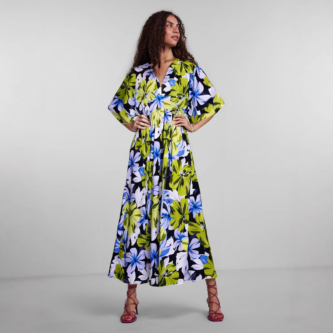 Dress for Women – V-neck – High Waist – Loose Fit – Print – Split in Skirt