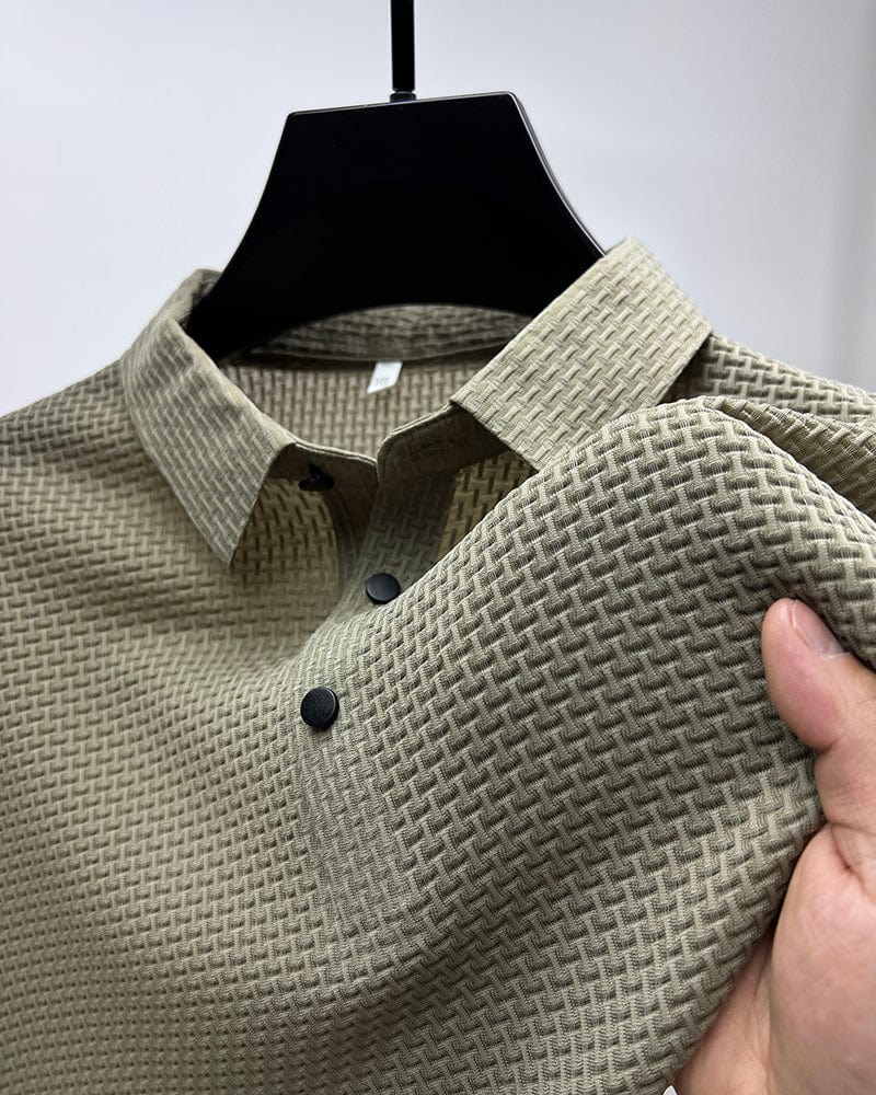 Men's Polo Shirt - Textured Waffle Pattern - Collar with Quarter Button Placket - Breathable