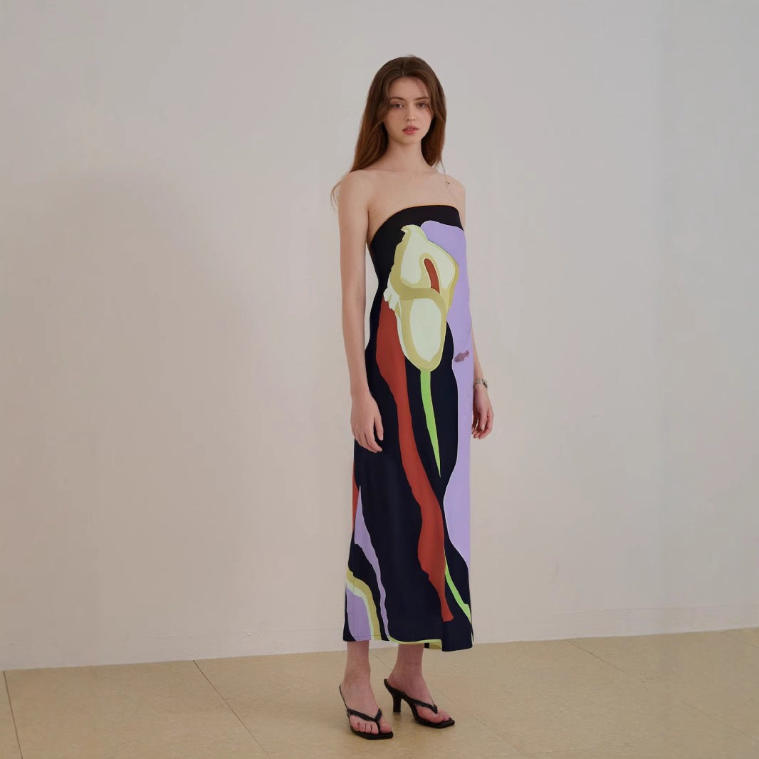 Women's Strapless Midi Dress – Light Fabric – Relaxed Fit – Abstract Pattern