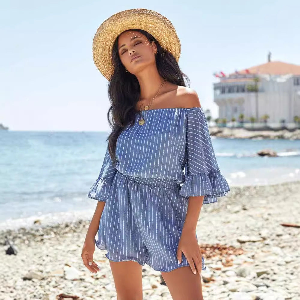 Kjole for dame – Off-shoulder – Elastisk liv – Rysjermer – Lett og pustende stoff