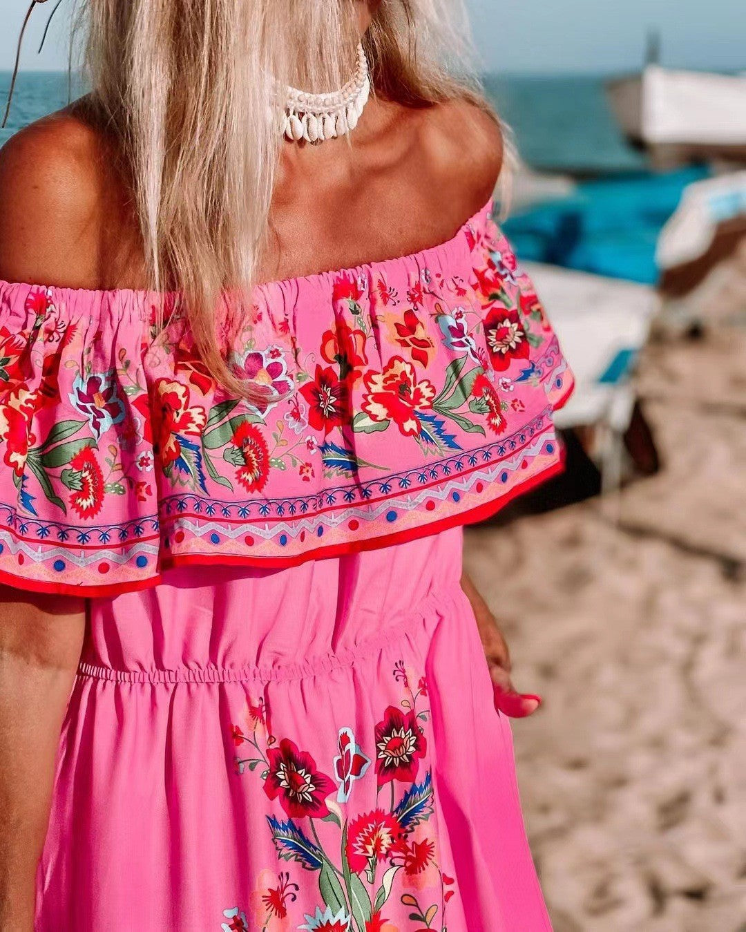 Women's Maxi Dress – Off Shoulder – Ruffle Edge – Floral Print – Belt at Waist