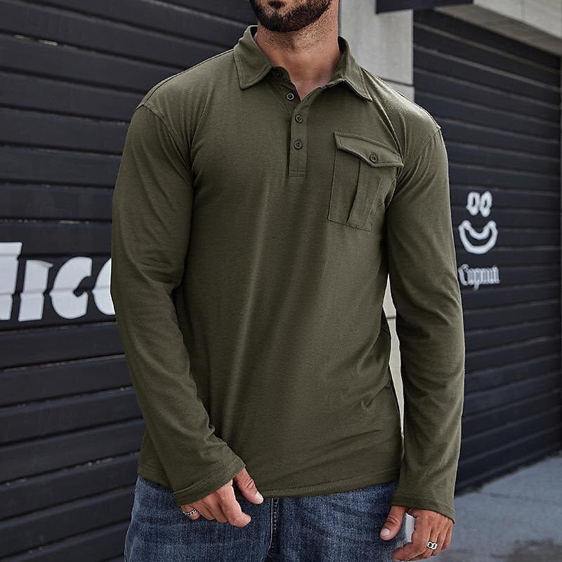 Men's Henley Pique Shirt – Long Sleeve – Modern Collar – Chest Pocket – Regular Fit