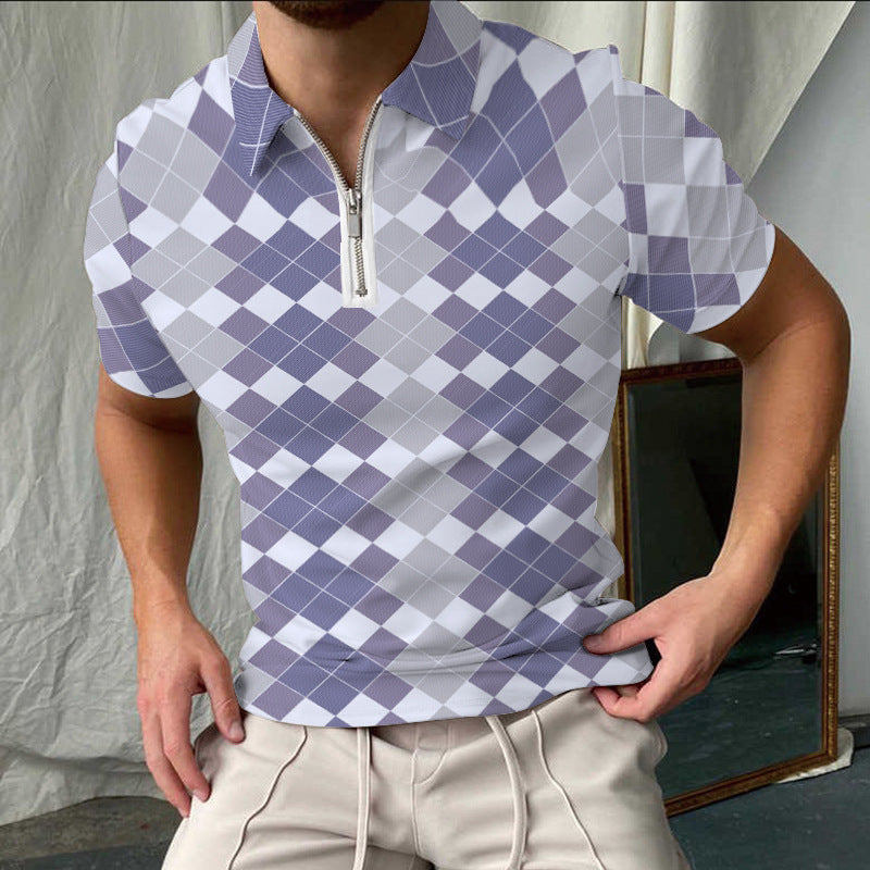 Men's Polo Shirt – Slim Fit – Check Pattern – Short Sleeve – Zipper Collar