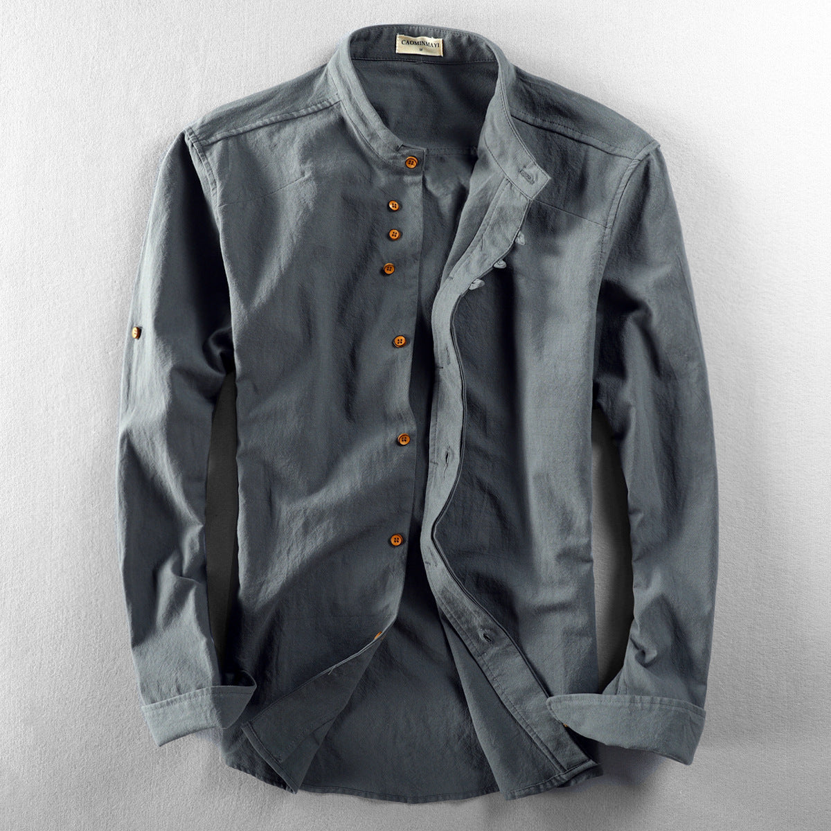 Men's Shirt – Linen – Relaxed Fit – Stand Collar – Long Sleeves with Buttons