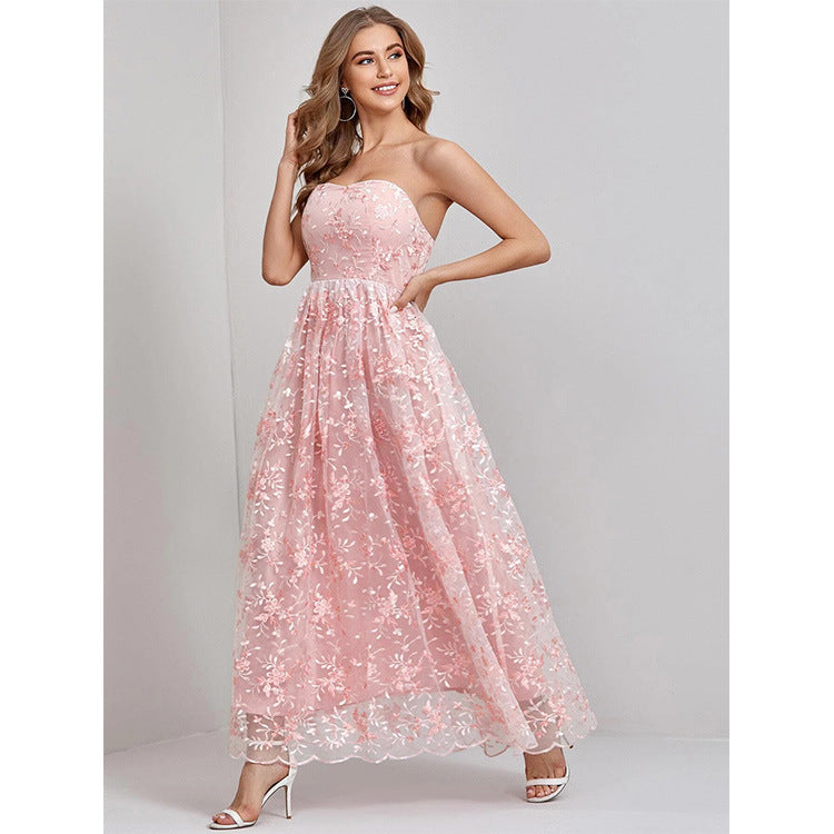 Dress for Women – Strapless Evening Dress – Lace with Embroidery – Full Length and Flared Fit