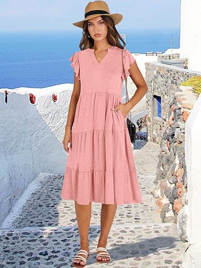 Women's Midi Dress – V-Neck – Short Sleeved with Ruffles – Loose Fit – Ruffled Skirt