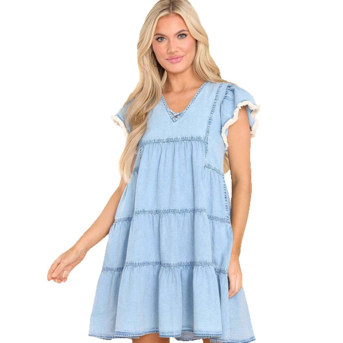 Kjole for dame – denim – avslappet passform – A-linje snitt – korte ermer med volang