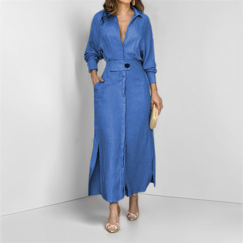 Dress for Women – Shirt Model – Linen – V-Neck – Waist Belt – Long Sleeves – Midi Length
