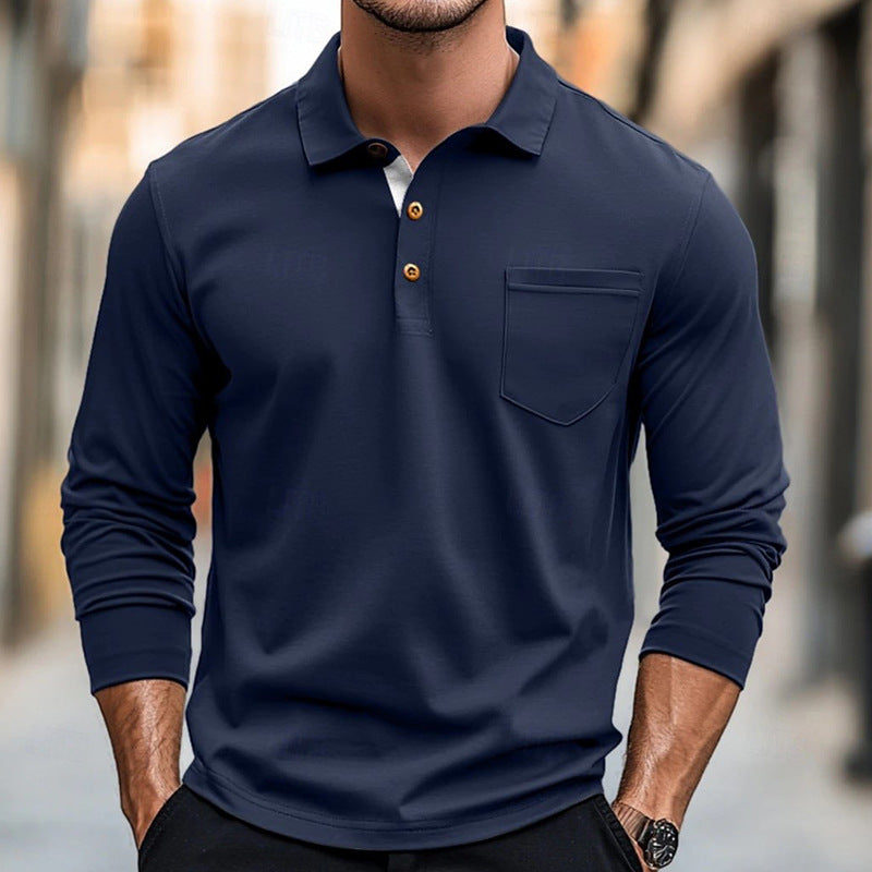 Men's long sleeve polo shirt – Slim fit – Cotton blend – Chest pocket