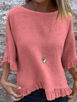 Women's Blouse – Linen and Cotton – Relaxed Fit – Ruffle Edge – Round Neck