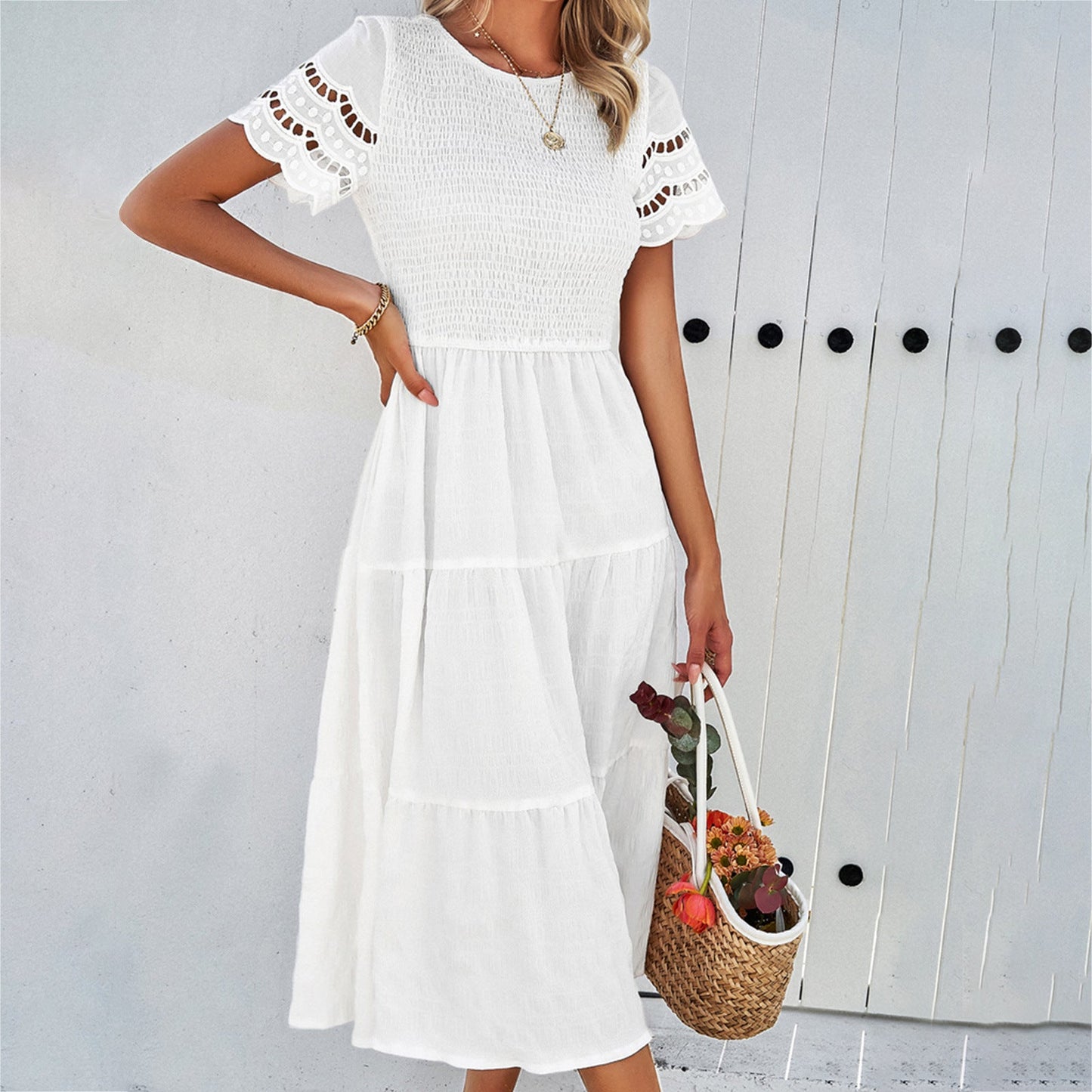 Dress for Women – Midi Length – Smocked Bodice – Tiered Skirt – Short Sleeves with Cutout