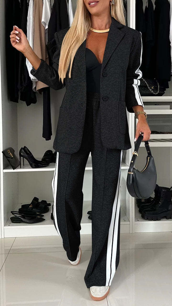Women's Suit Set – Relaxed Fit – Blazer with Lapels – Pants with Side Stripe