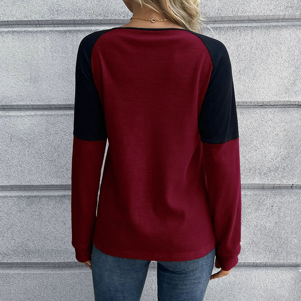 Women's Long-Sleeve T-Shirt – Waffle Knit – Buttoning – Raglan Sleeves – Relaxed Fit