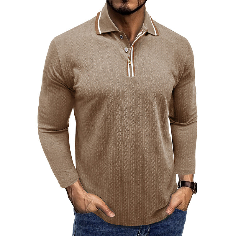 Men's Polo Shirt – Tailored Fit – Long Sleeve – Striped Collar – Knitted Texture