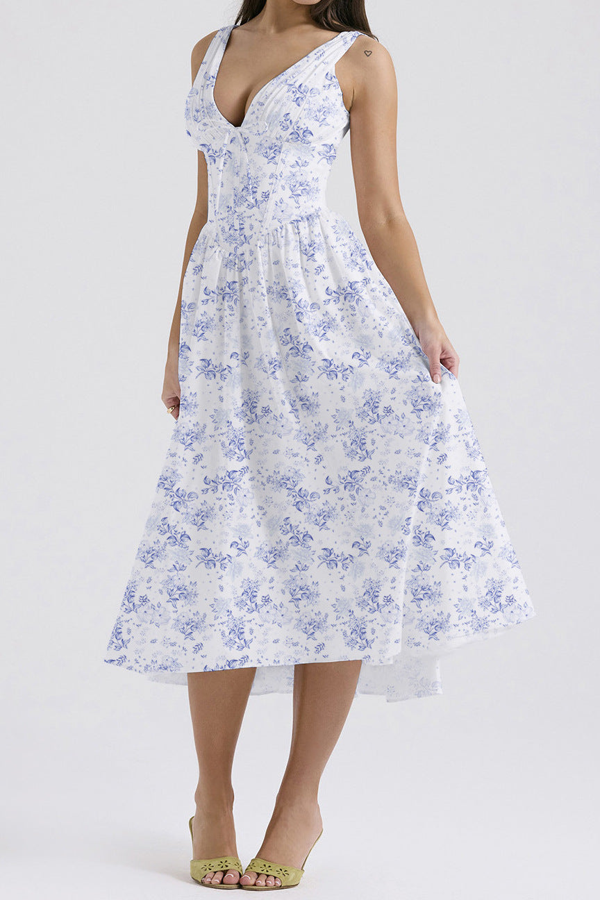 Dress for Women – Sleeveless V-neck – A-line Fit – Floral Print – Midi Length