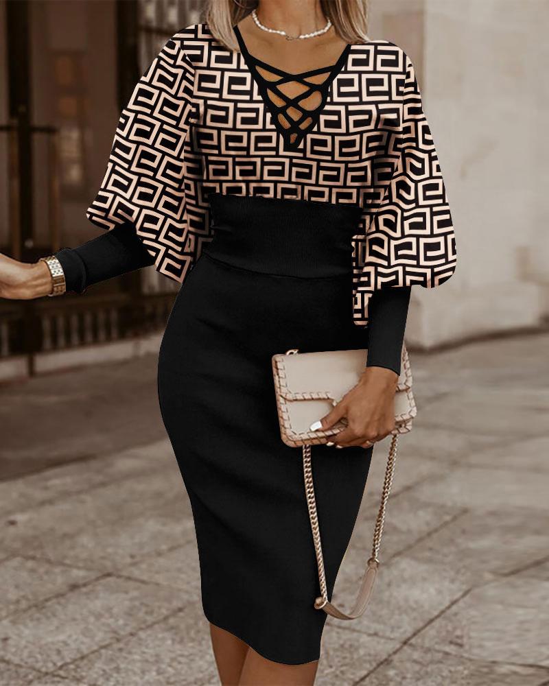 Dress woman – Bodycon fit – V-neck cross detail – Checkered pattern – Long sleeves