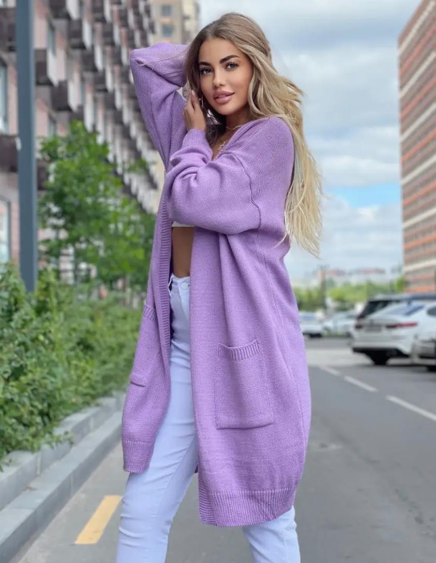 Women's Cardigan Knitted – Loose Fit – Open Front – Pockets – Long Model