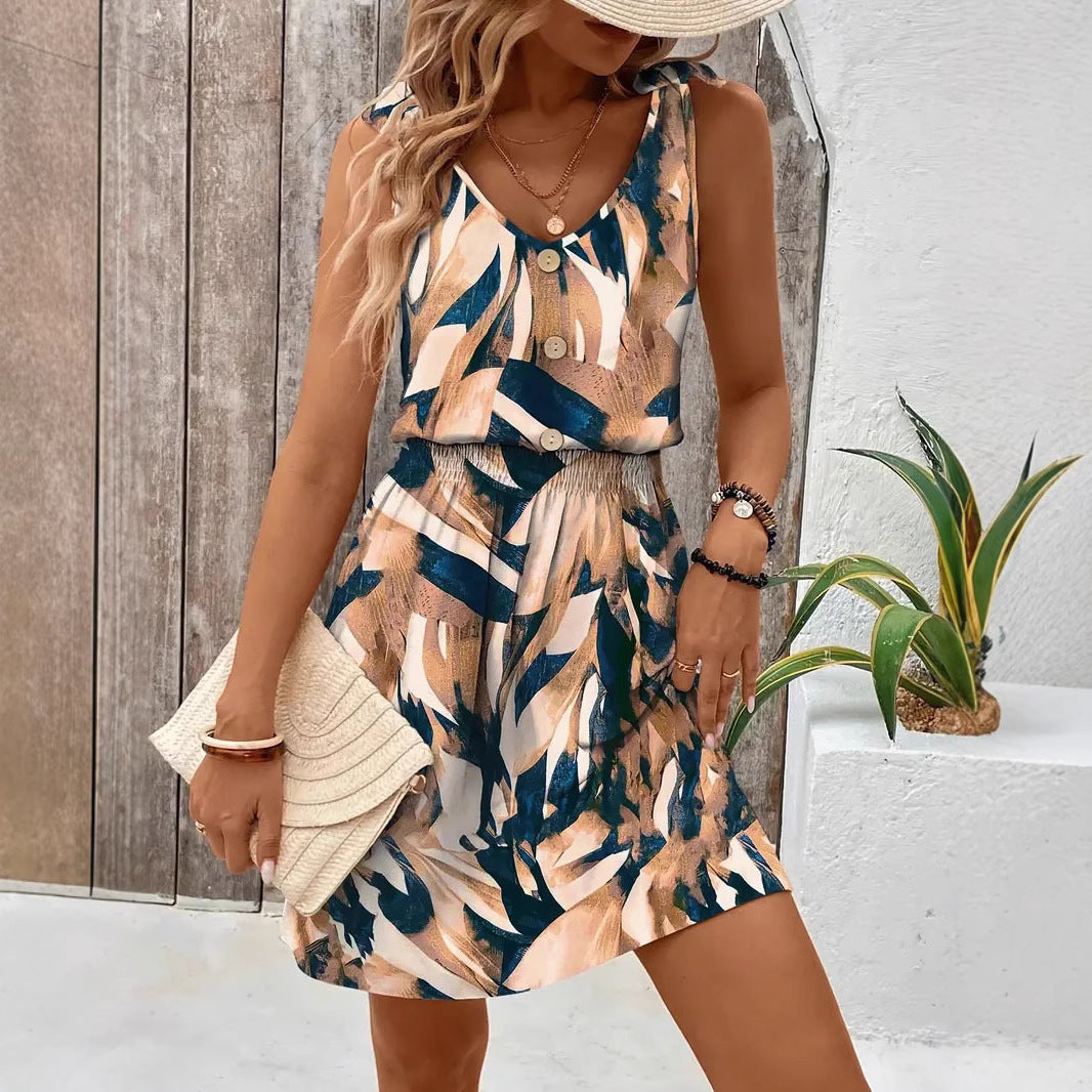Dress for Women – Sleeveless with V-Neck – Relaxed Fit – Geometric Pattern – Button Closure