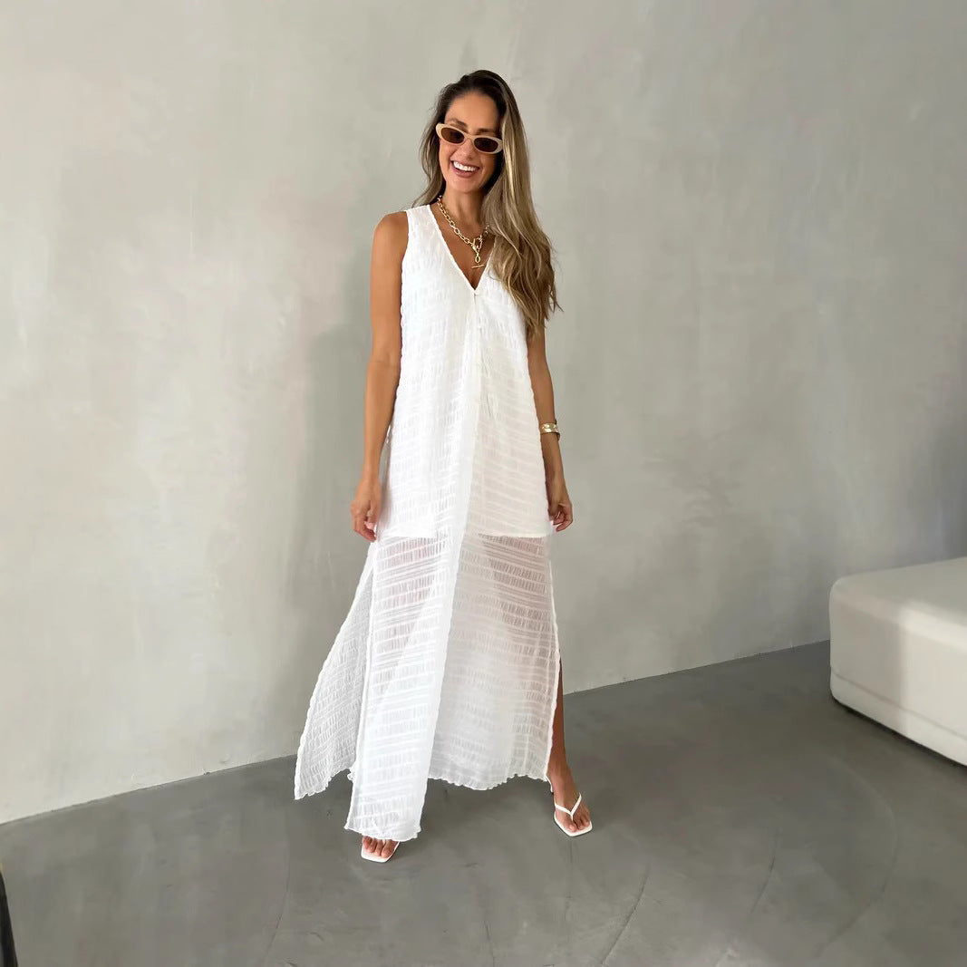 Dress woman long – lace – sleeveless V-neck – flowy fit – front slit