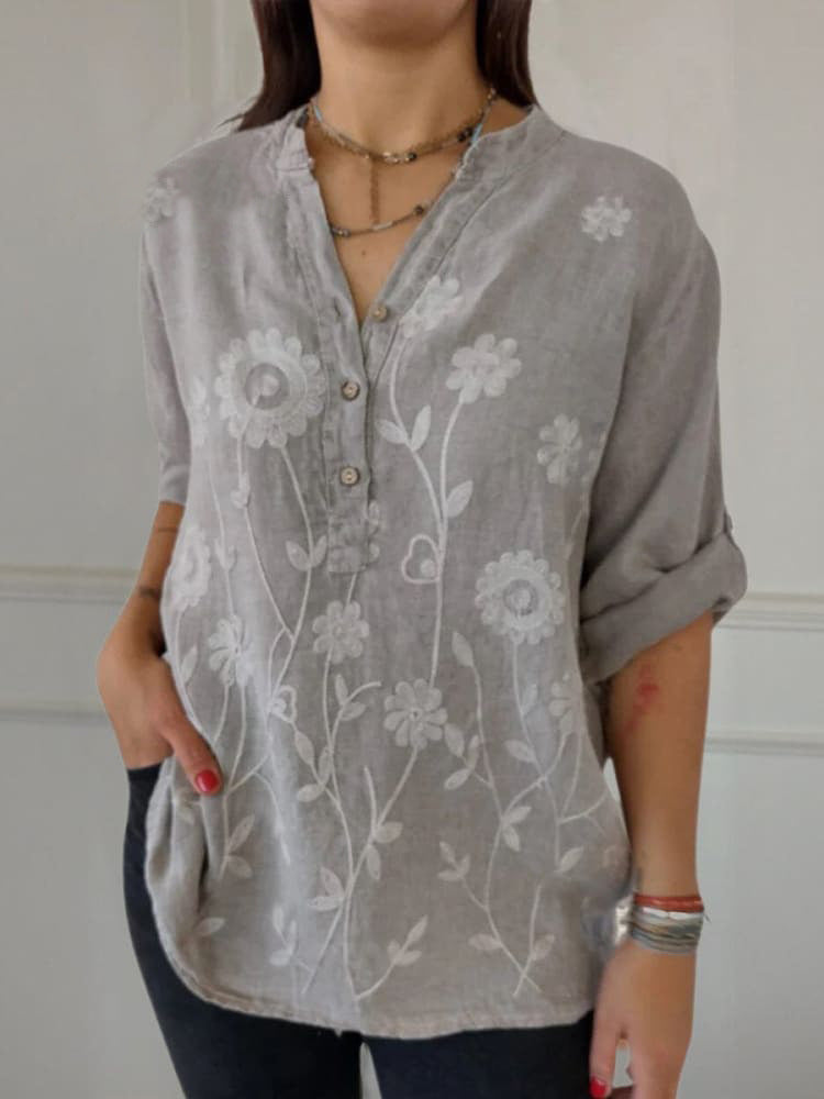 Women's Shirt with V-neck – Embroidered Lace – Relaxed Fit – Button Closure