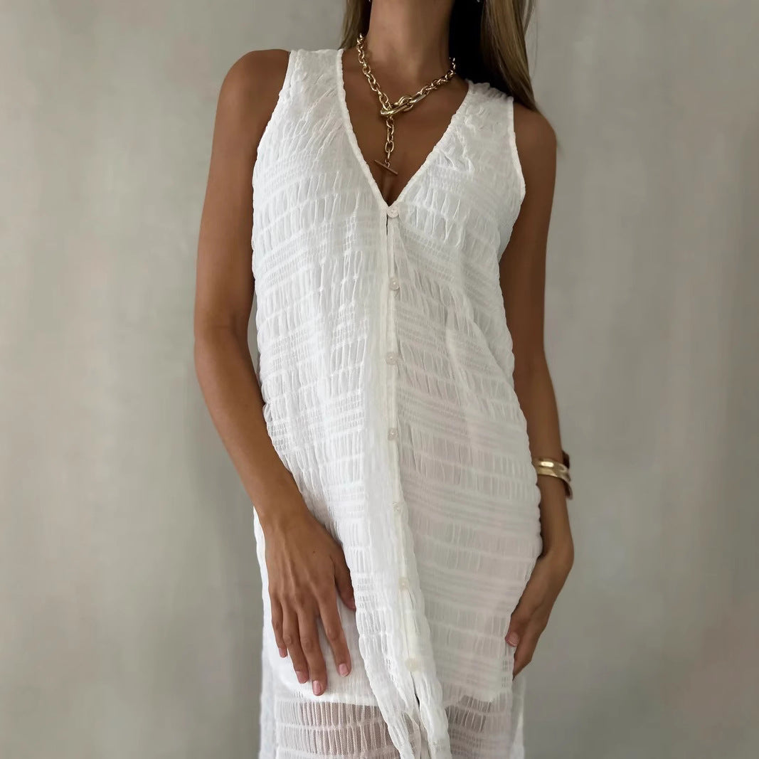 Dress woman long – lace – sleeveless V-neck – flowy fit – front slit