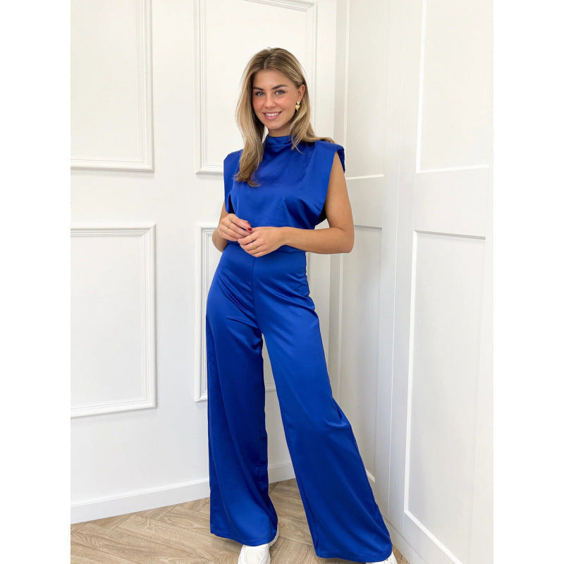 Women's Jumpsuit – Satin – Loose Fit – Sleeveless – Open Back – Wide Legs