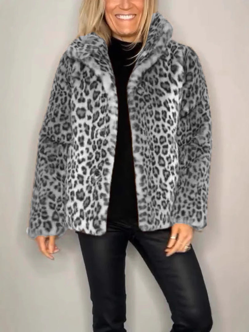 Women's Coat – Faux Fur – Oversized Fit – Animal Print – Open Front – Notch Collar
