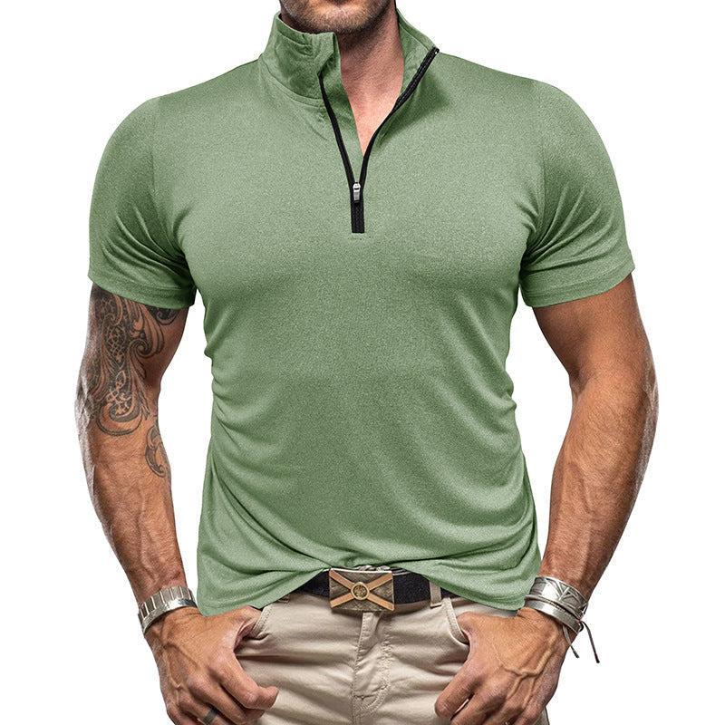Men's Shirt – Slim Fit – Short Sleeve – Breathable – Stand Collar with Zipper