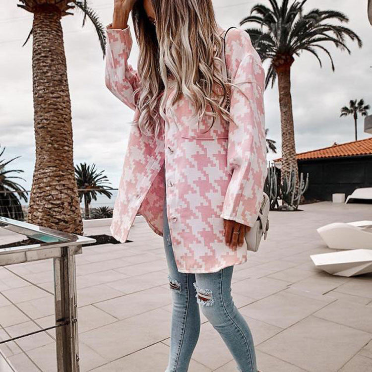 Women's Jacket – Oversize Fit – Cotton Feel – Houndstooth – Button Front – Chest Pockets