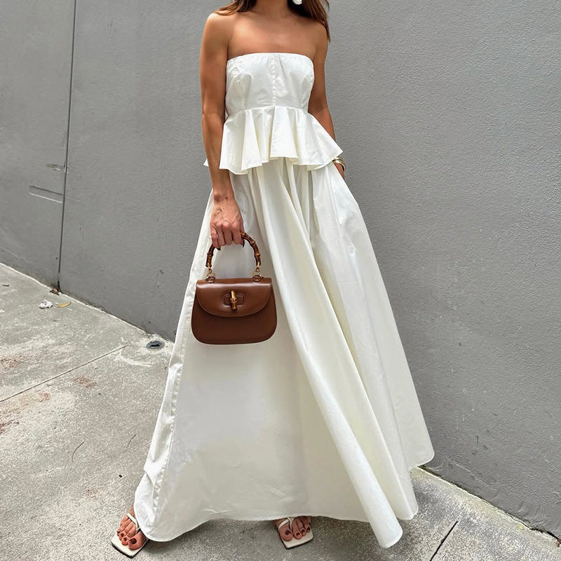 Dress for Women – Strapless Maxi Dress – Fitted Waist – Peplum – A-line Shape
