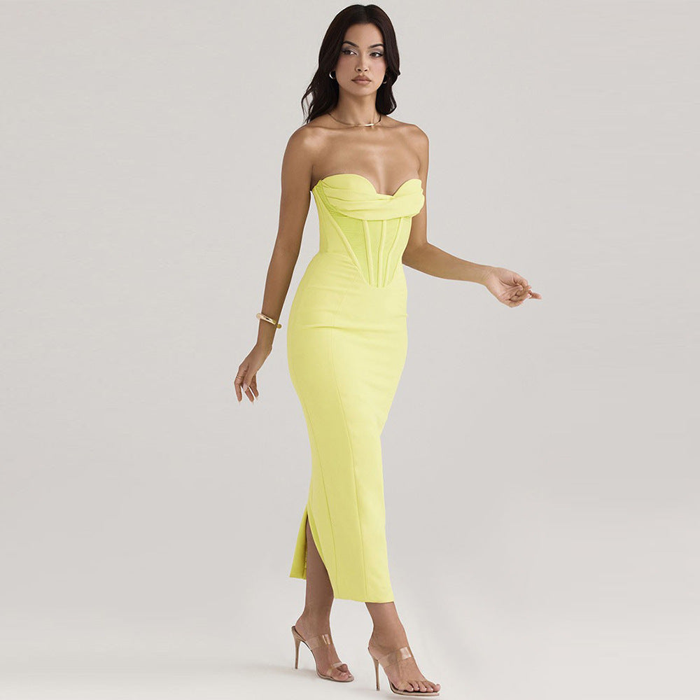 Dress for Women – Strapless Bodycon – Figure-Hugging Fit – Midi Length with Slit