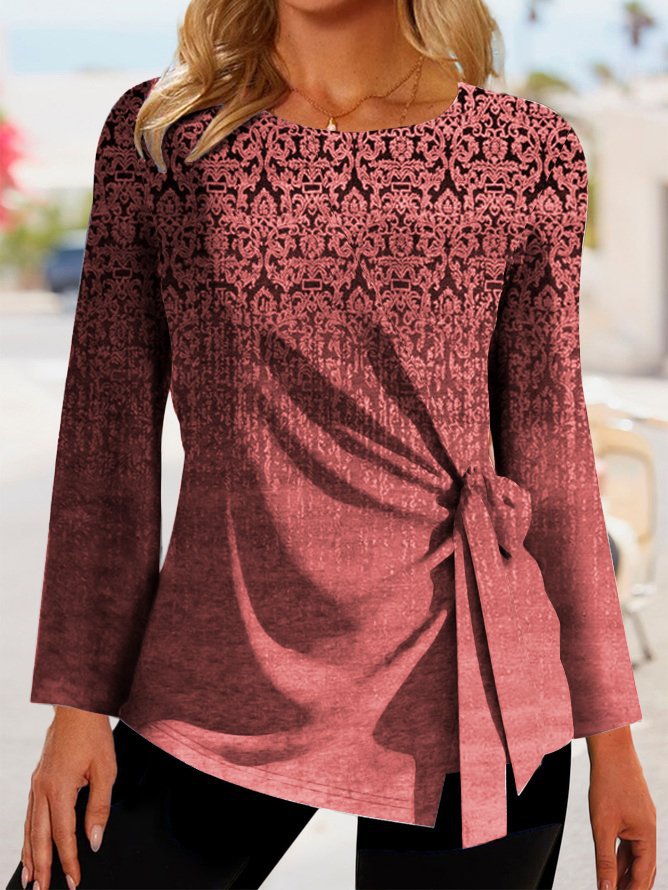 Women's Long Sleeve T-shirt – Relaxed Fit – Patterned – Side Tie Detail