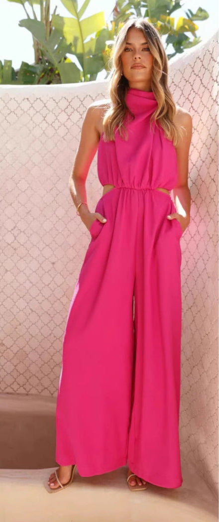Dame jumpsuit – Halterneck – Vid passform – Justerbar midje – Pustende stoff