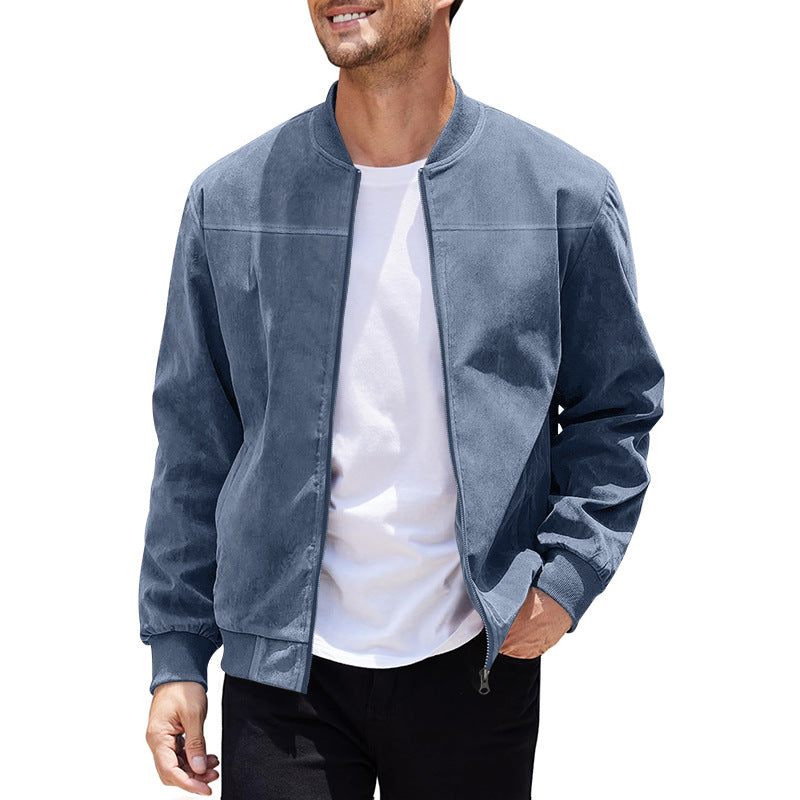 Men's Bomber Jacket – Suede Texture – High Collar – Elastic Hem and Cuffs
