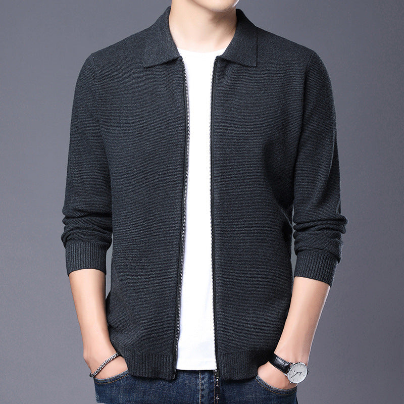 Men's Cardigan – Wool – Slim Fit – Zipper – Classic Collar – Ribbed Hem
