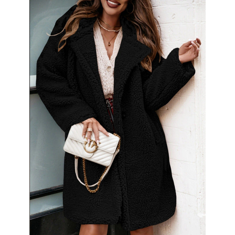Women's Coat – Oversized Fit – Plush Texture – Midi Length – Wide Lapels – Pockets