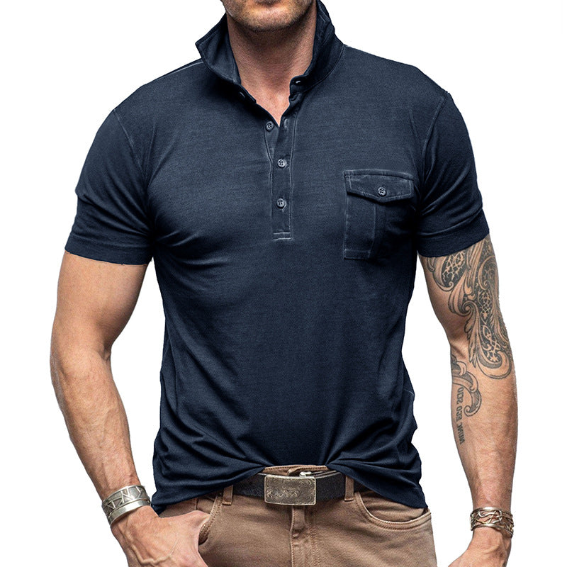 Men's Pique Shirt – Slim Fit – Short Sleeve – Breathable Cotton – Stand Collar – Chest Pocket