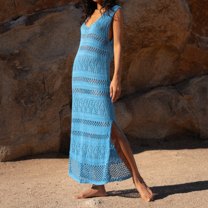 Women's Knitted Dress – Sleeveless Slim Fit – Open Knit – Side Slit