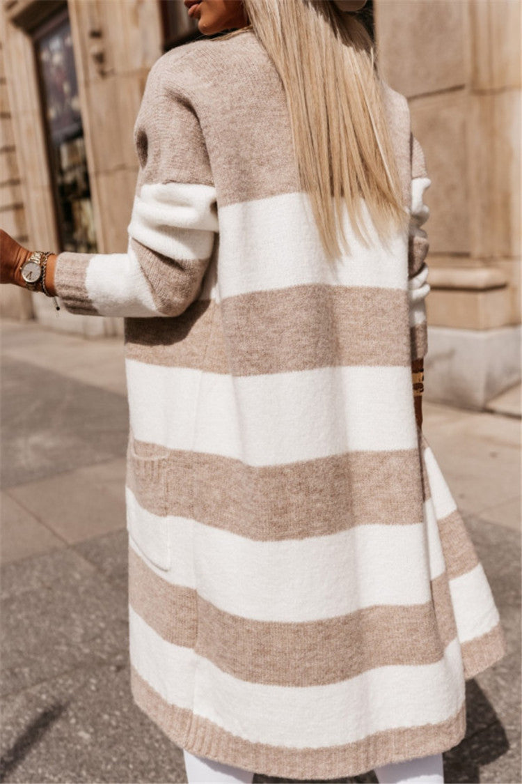 Women's Cardigan – Oversized Fit – Knitted Wool Blend – Open Front – Striped Pattern