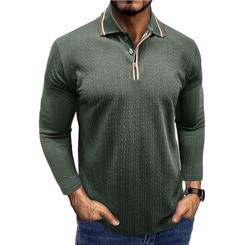 Men's Polo Shirt – Tailored Fit – Long Sleeve – Striped Collar – Knitted Texture