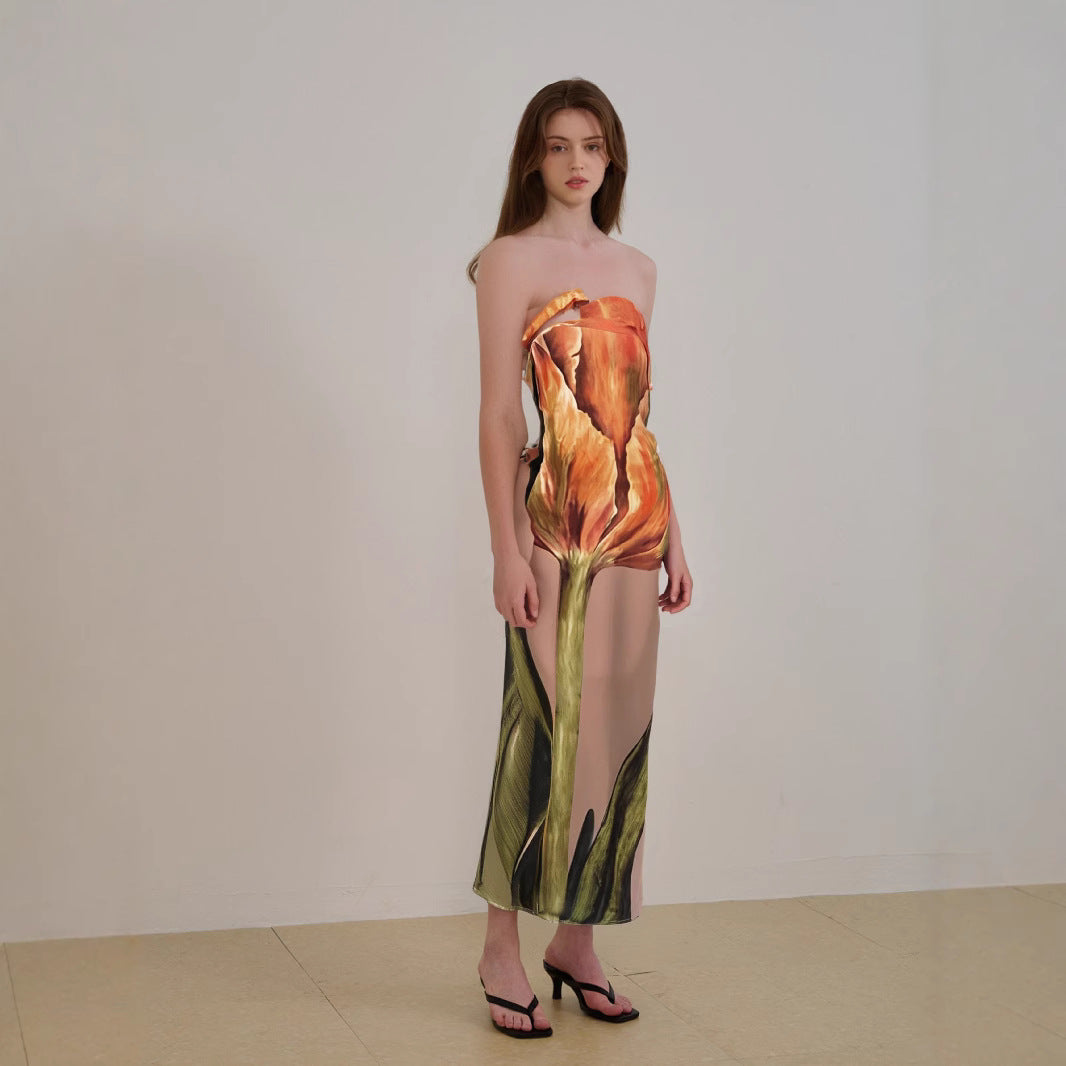 Women's Strapless Midi Dress – Light Fabric – Relaxed Fit – Abstract Pattern