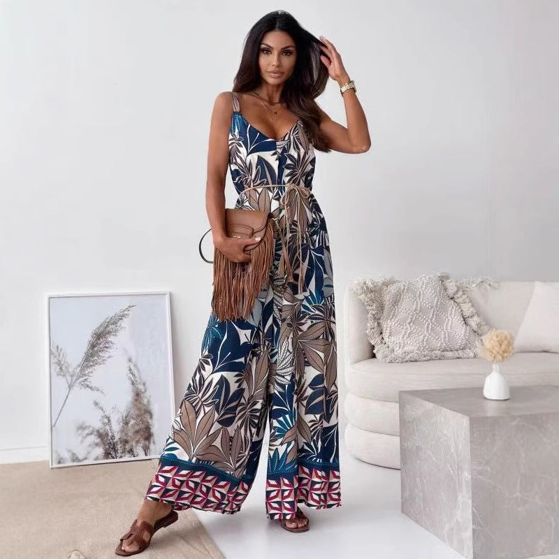 Damebuksedress uten ermer – Vid ben – V-hals – Knyting i livet – Blomsterprint